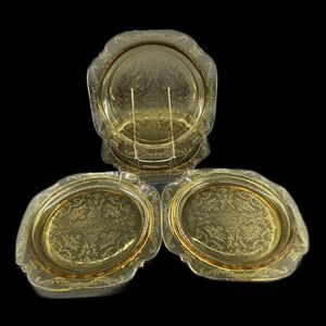 (4) Federal Amber Color, 1976, Madrid Pattern, Glass Square Dinner Plates 10.5"D